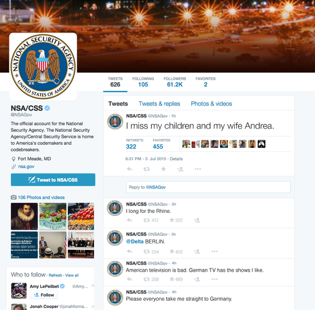 Illustration for article titled Security Crisis: The NSA Twitter Account Has Been Hacked By A Homesick German Man